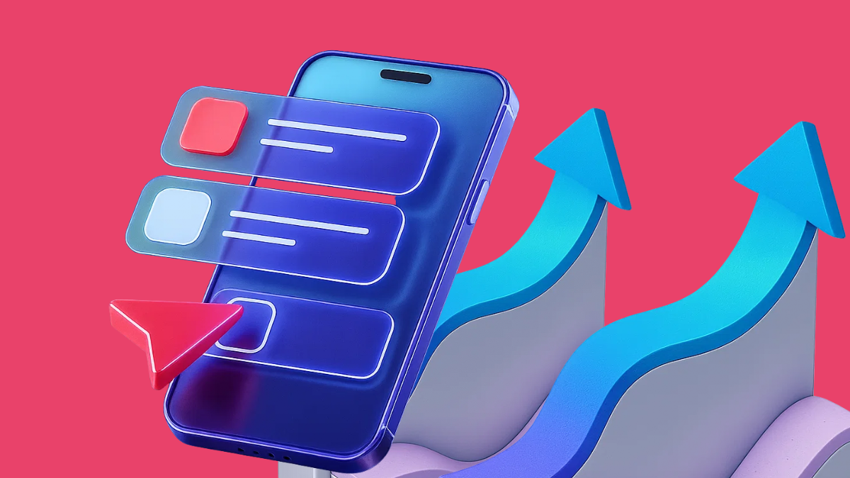 3D illustration of a mobile phone with rising performance arrows, representing the growth, speed, and accessibility of WebAR in AR marketing strategies.