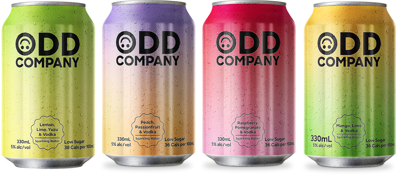 Odd Company AR festival campaign cans in multiple flavors including Lemon Lime Yuzu Vodka, Peach Passionfruit Vodka, Raspberry Pomegranate Vodka, and Mango Lime Vodka.
