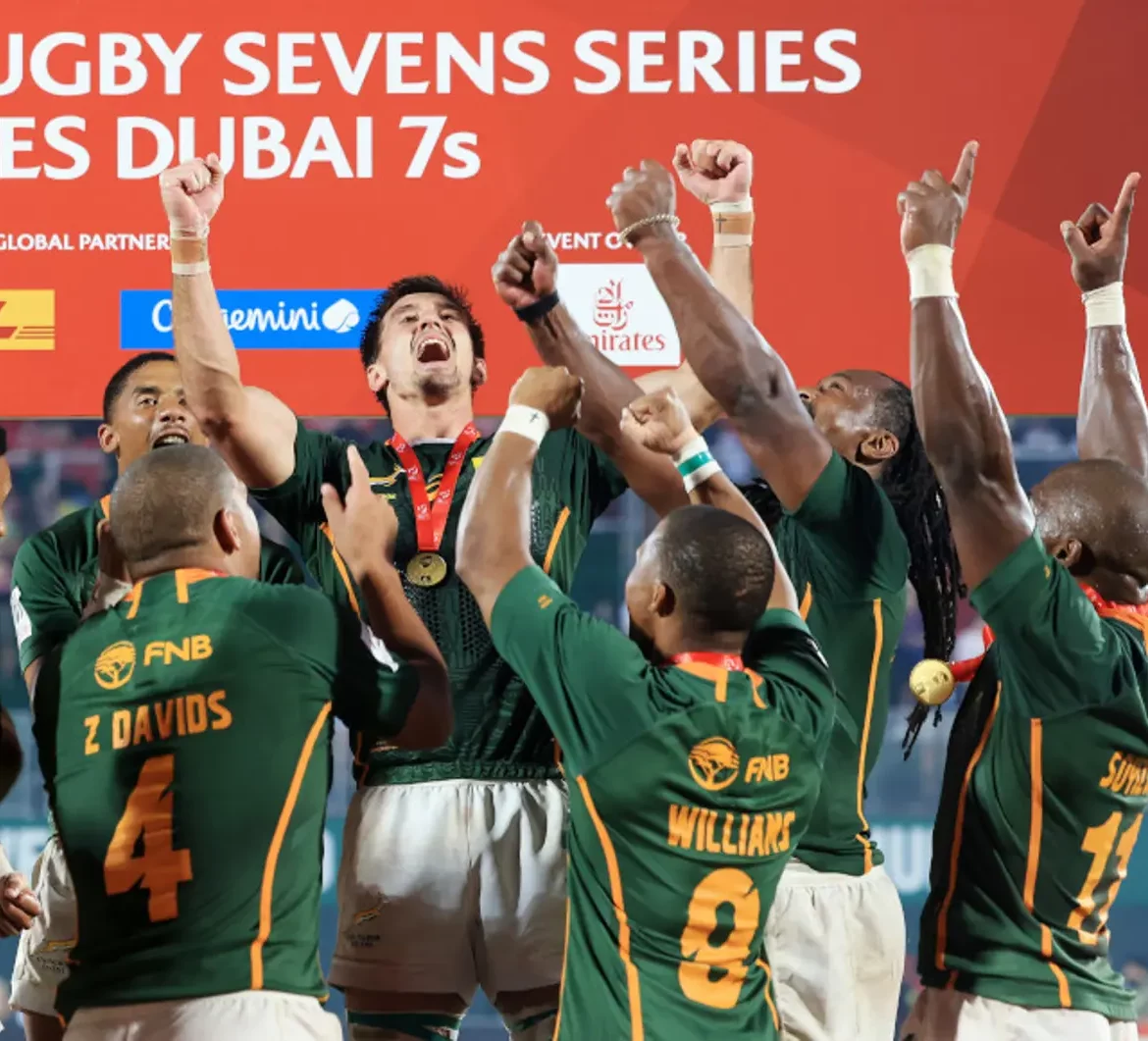 South African Rugby Sevens team celebrating their HSBC Dubai 7s win, featured in Klipdrift’s Augmented Reality Marketing campaign.