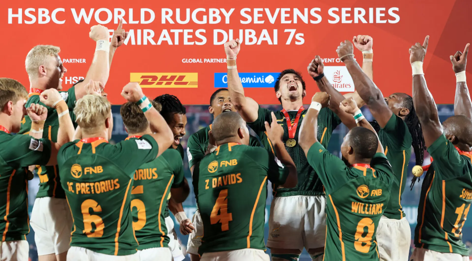 South African Rugby Sevens team celebrating their HSBC Dubai 7s win, featured in Klipdrift’s Augmented Reality Marketing campaign.