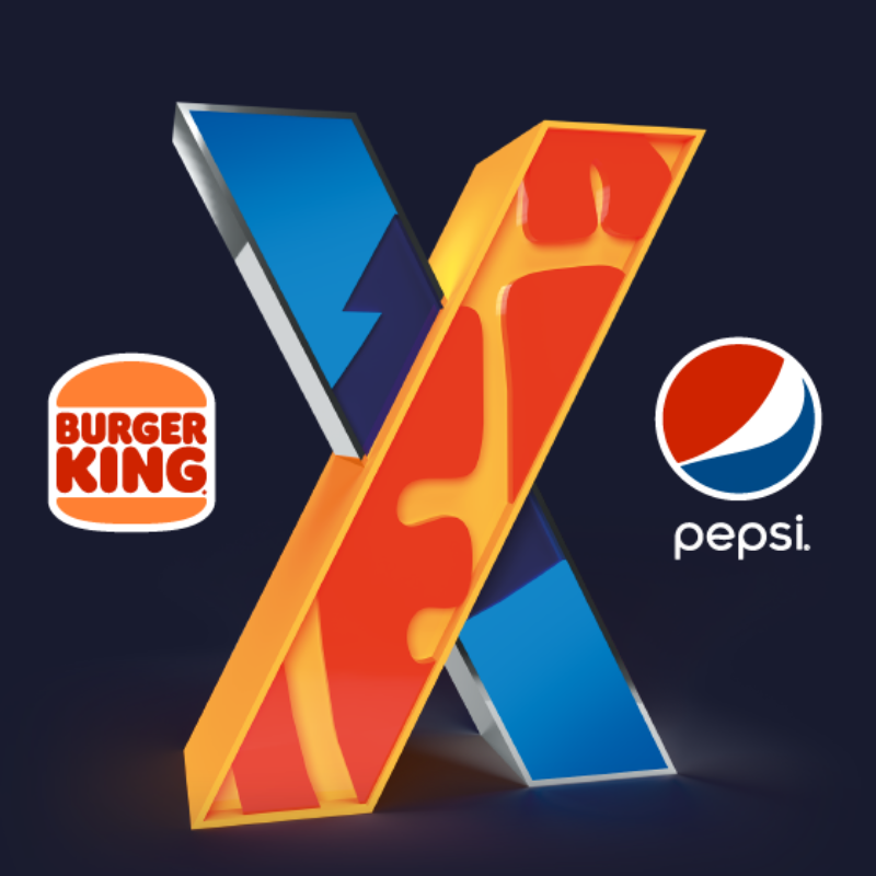 Burger King and Pepsi X Marks The Drop campaign logo featuring a bold 3D X symbol with brand logos on each side, representing their rewards campaign.