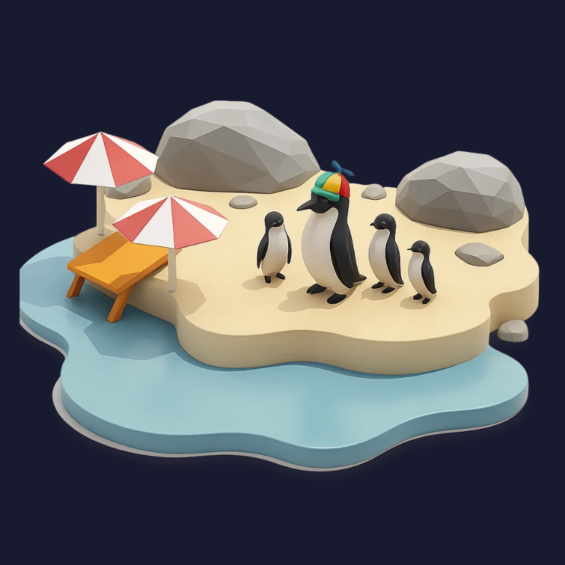 3D illustration of penguins on a sandy island with umbrellas and rocks, used as cover image for Google Cloud AR case study.
