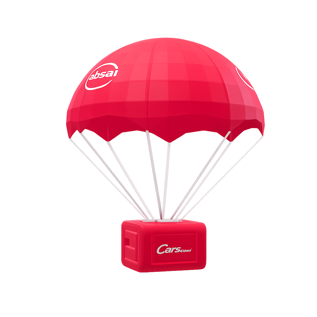 3D red parachute branded with Absa and Cars.co.za, used as a virtual prize drop in the augmented reality retail activation.