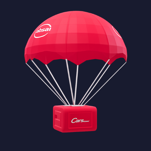 3D red parachute drop with Absa and Cars.co.za logos, representing the augmented reality retail activation prize mechanic.
