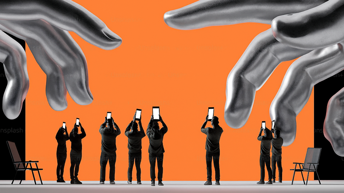 Silhouetted people stare at glowing phones while giant hands loom above them, representing the dominance of AI-generated content and lost brand individuality.