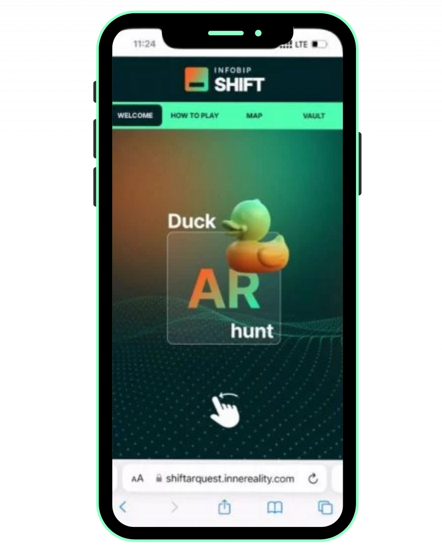 Mobile screen showing the Infobip Shift Duck AR Hunt welcome screen, introducing an augmented reality event engagement experience.