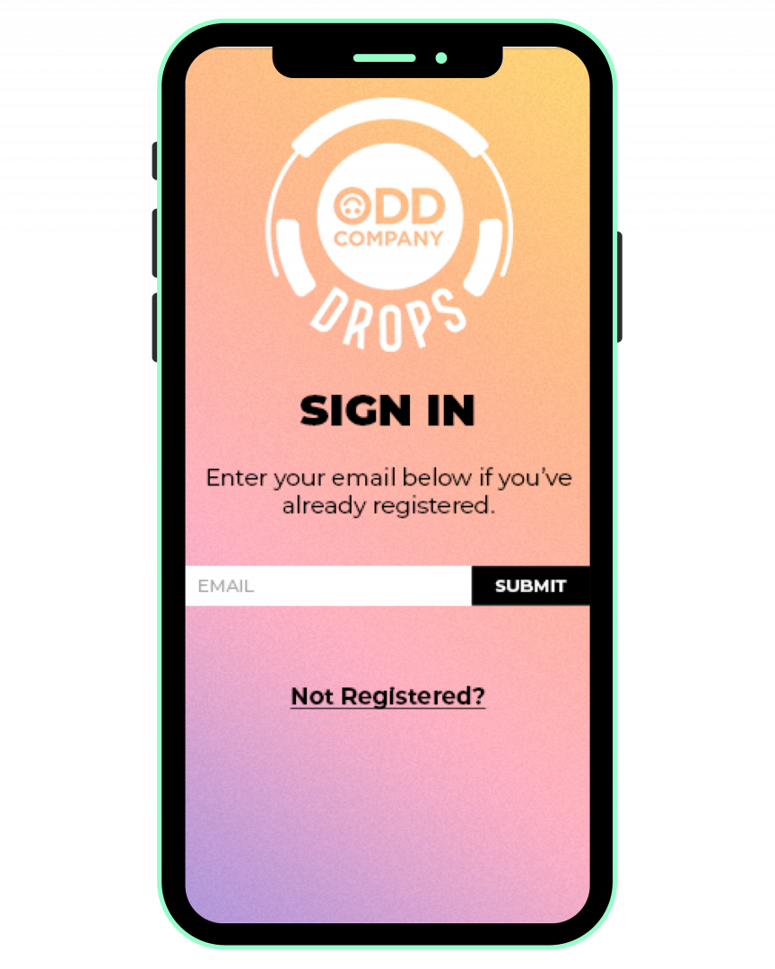 Odd Company AR Drops sign-in screen asking users to enter their email to register or log in.