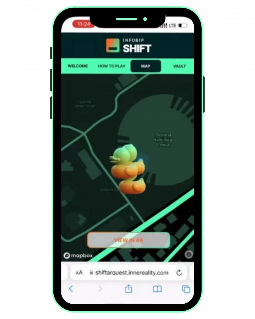 Mobile screen showing geo-location AR map with a virtual duck marker at Infobip Shift conference.