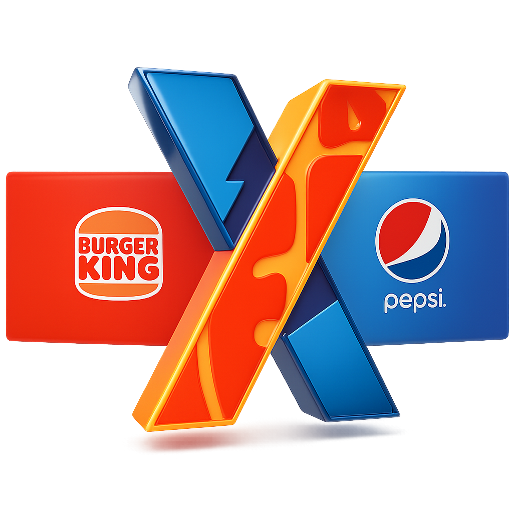 Burger King and Pepsi X Marks The Drop campaign logo featuring a bold 3D X symbol with brand logos on each side, representing their rewards campaign.