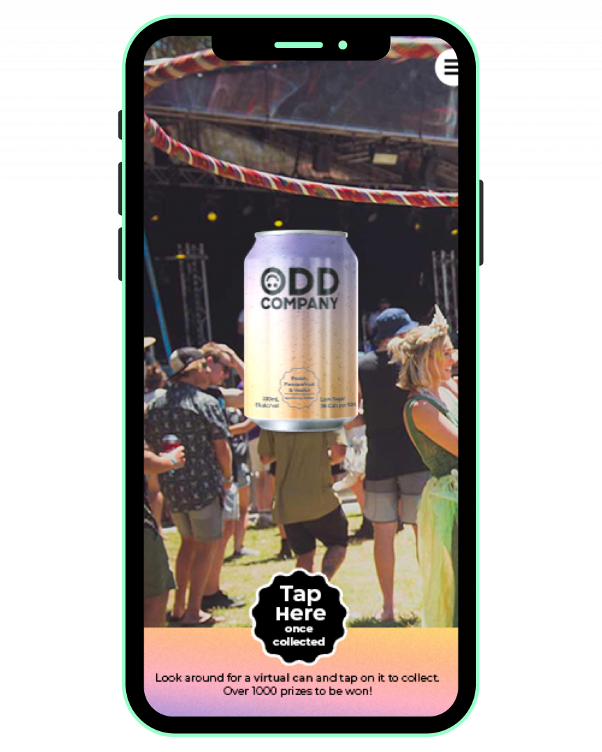 Festival attendees using AR to collect a floating Odd Company can through their phone camera.