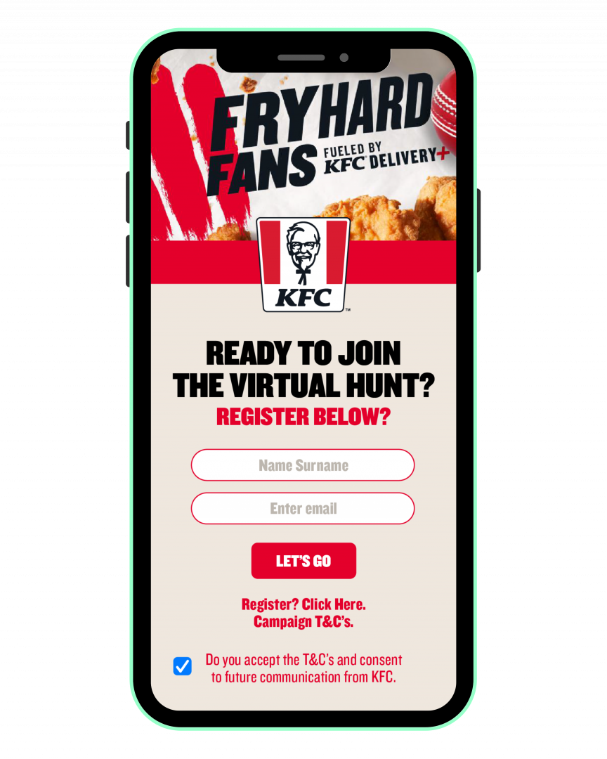Mobile screen showing KFC Fryhard Fans AR campaign registration form with name and email input fields.