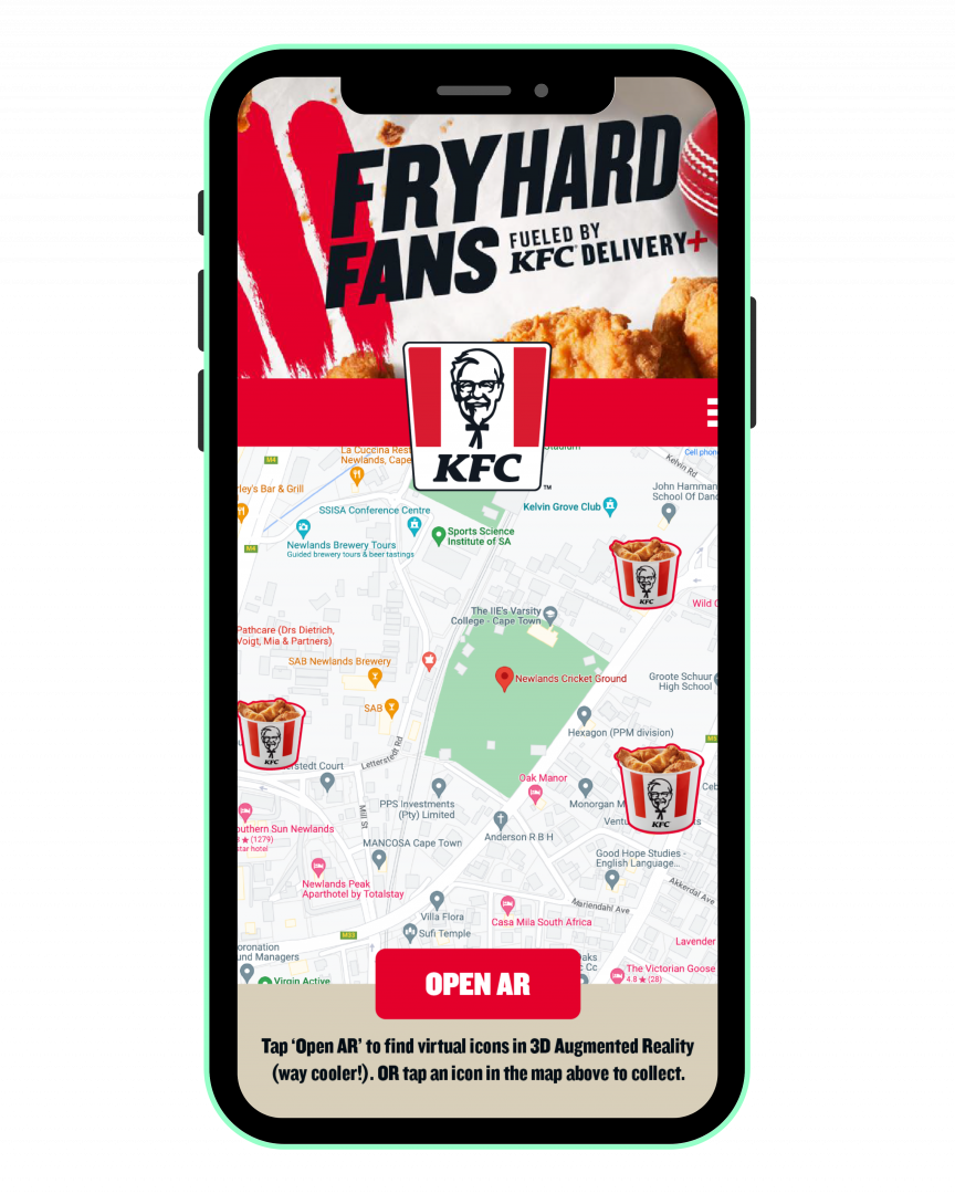 Map interface from KFC Fryhard Fans WebAR campaign with floating KFC bucket icons for geo-location AR marketing.