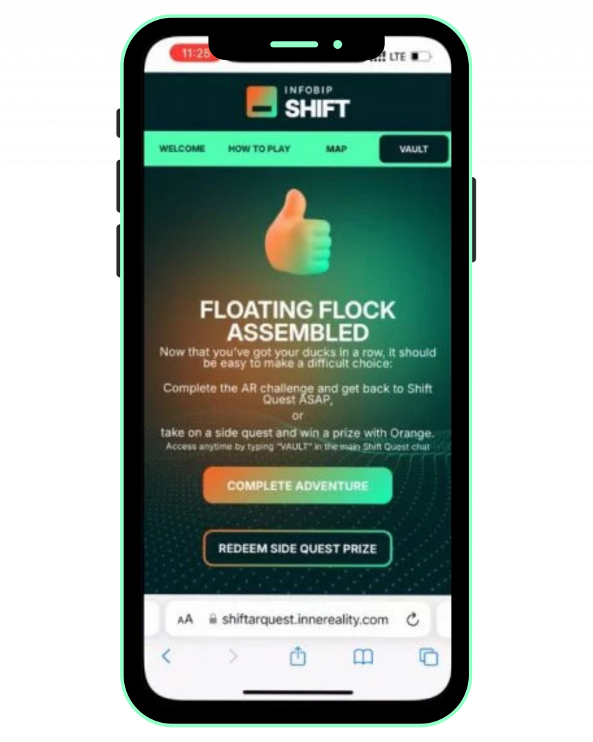 Mobile screen showing prize unlock message after completing the AR duck hunt.