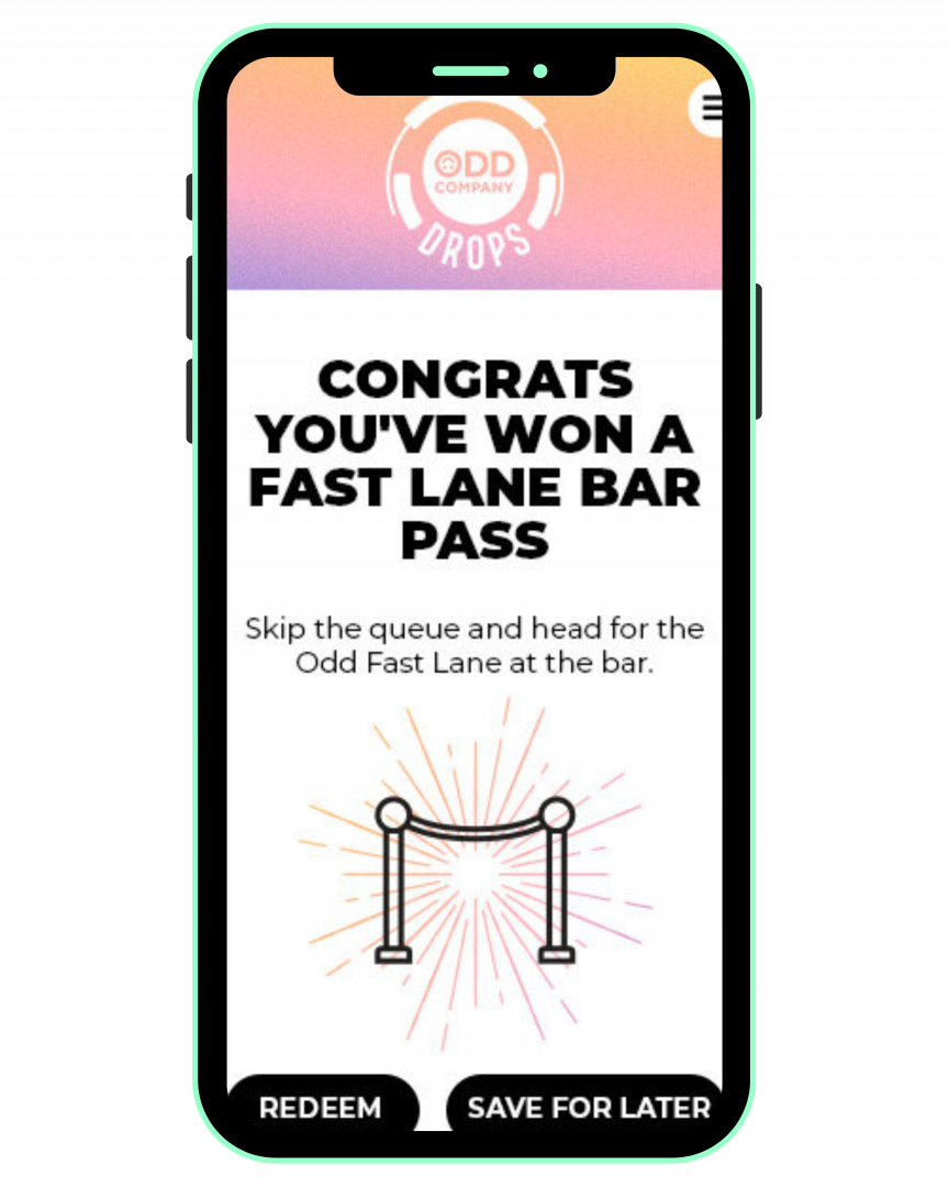 Odd Company AR prize screen showing a win of a Fast Lane Bar Pass.