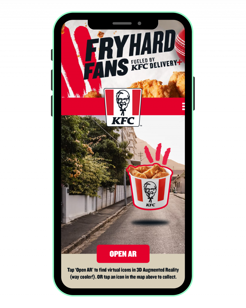 Augmented reality view of a KFC chicken bucket floating on a city street in the Fryhard Fans AR prize hunt.