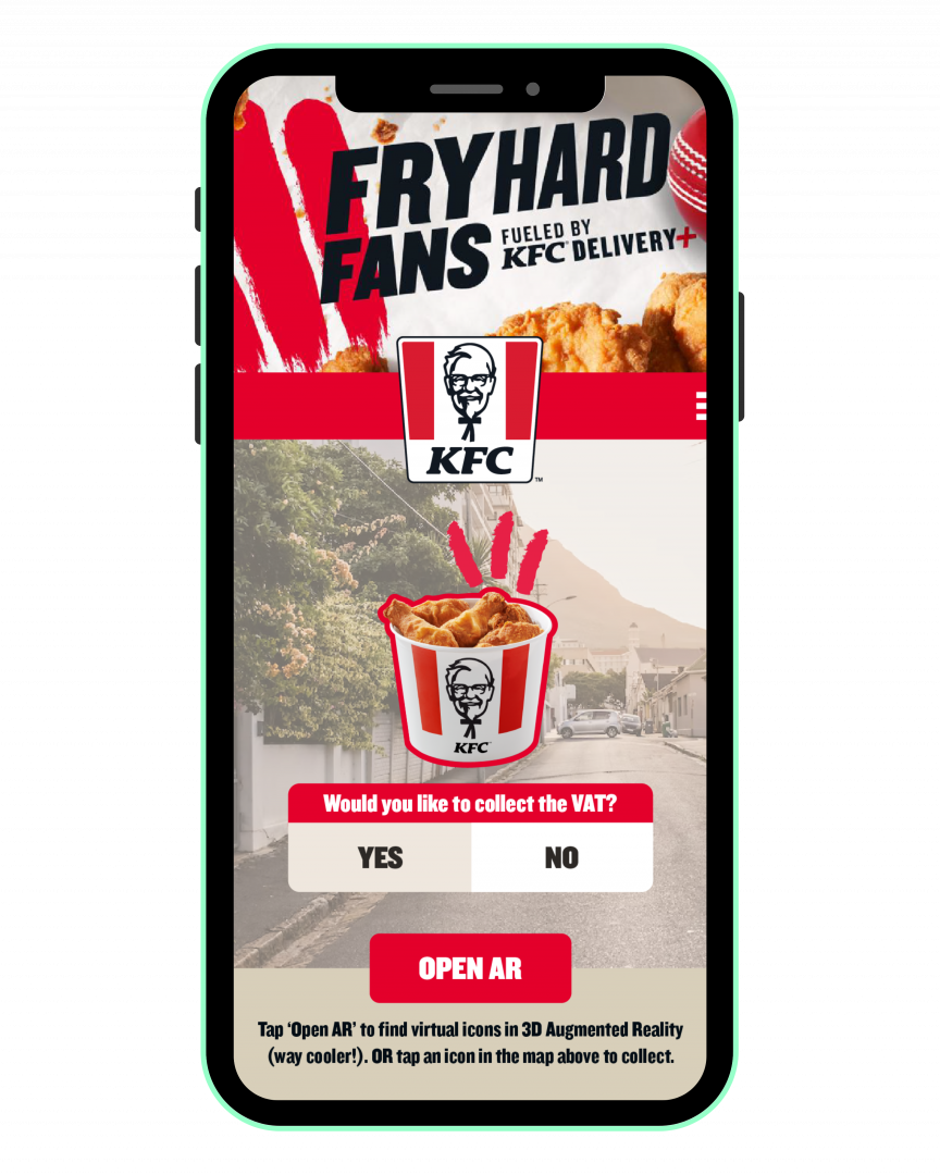 Mobile screen showing option to collect a virtual KFC bucket reward in the Fryhard Fans AR gamification campaign.
