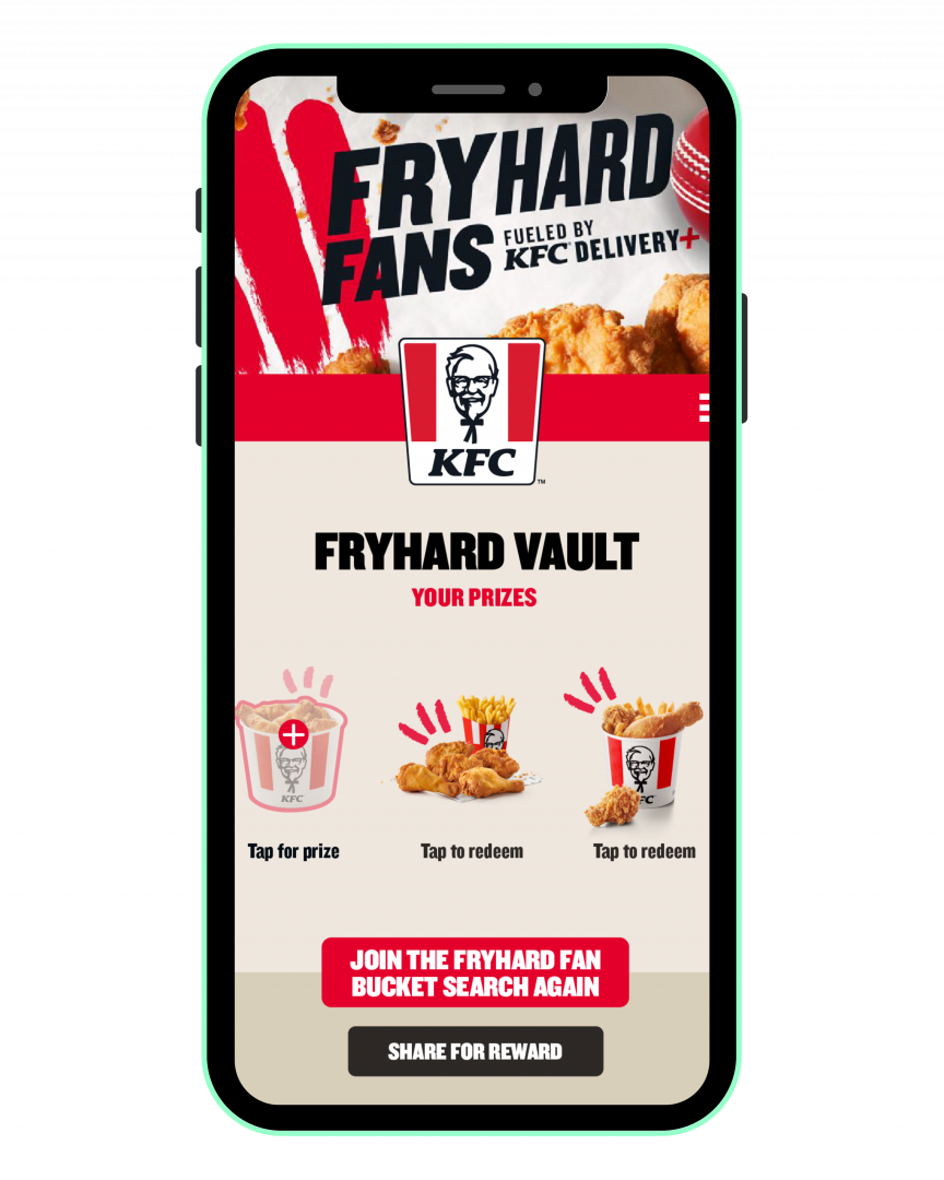 Fryhard Vault reward screen displaying collected KFC prizes stored for redemption in AR loyalty program solution.