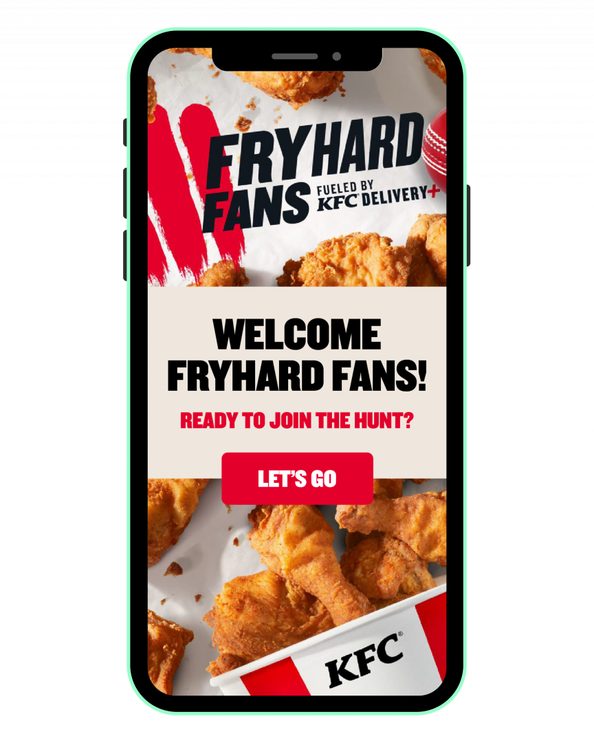 Welcome screen of the KFC Fryhard Fans AR activation inviting players to join the virtual hunt.