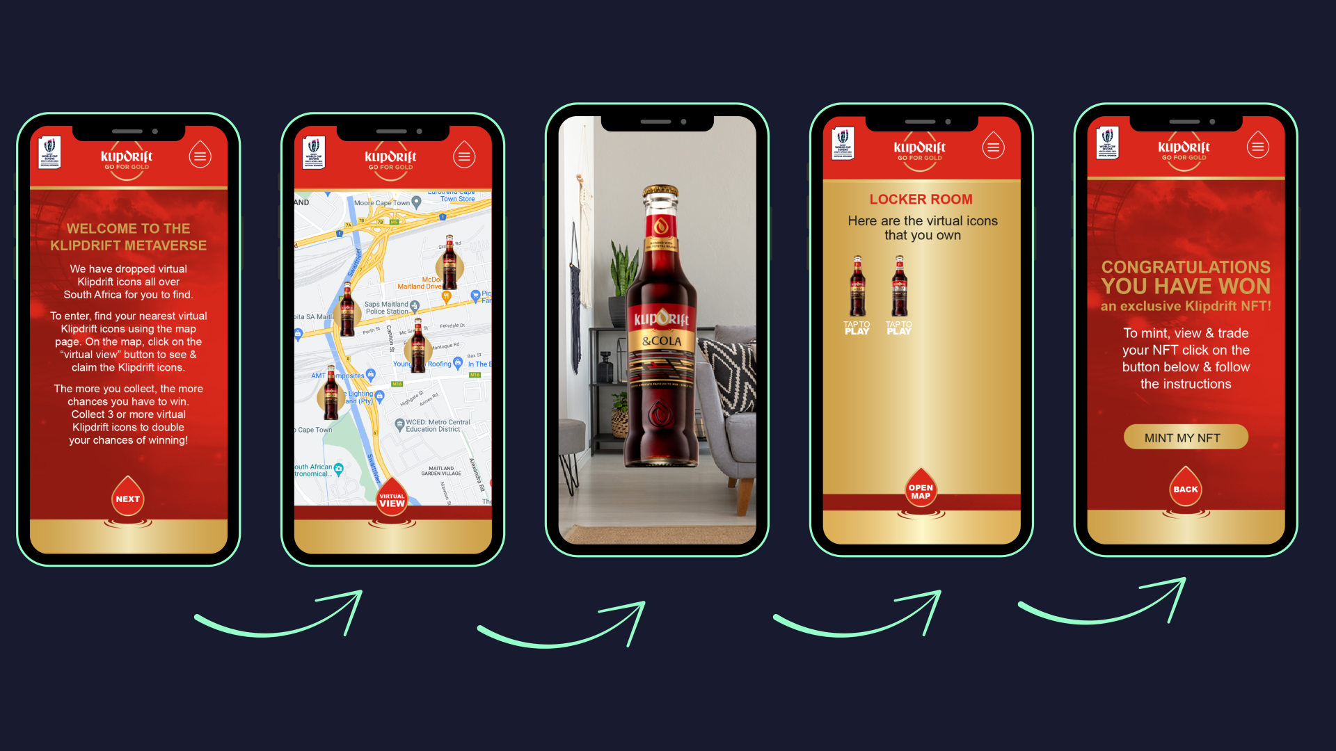 Mobile user journey showing Klipdrift’s Augmented Reality Marketing activation, where fans collect digital bottles, unlock rewards, and track progress during the Rugby World Cup Sevens.