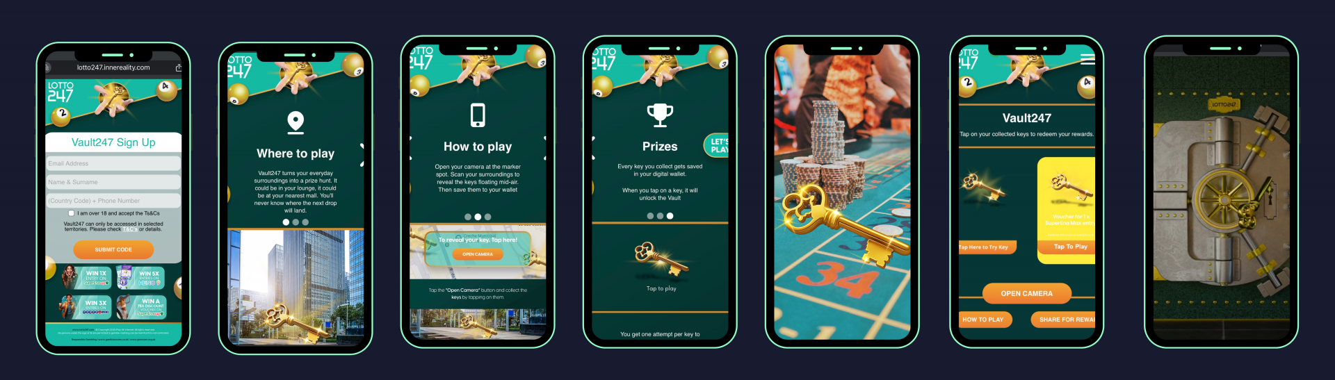 Step-by-step user journey of Lotto247’s Vault247 augmented reality betting campaign, showing registration, location-based play, scanning for keys, storing them in a digital wallet, and unlocking the prize vault.
