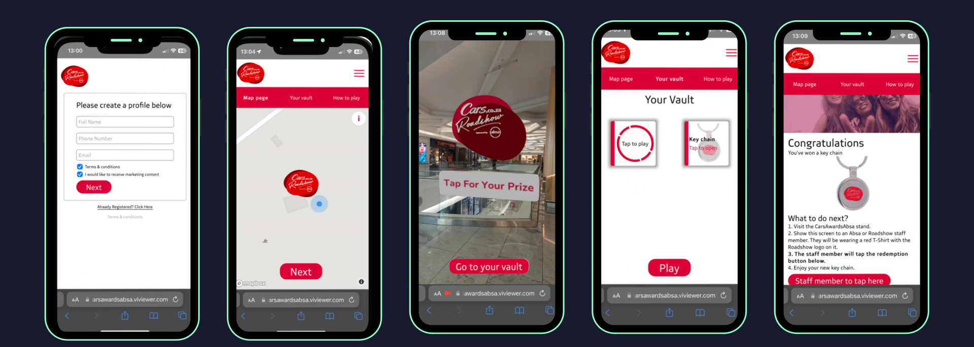 Step-by-step mobile user journey of the Absa x Cars.co.za augmented reality retail activation, showing registration, AR prize discovery, vault collection, and prize redemption.