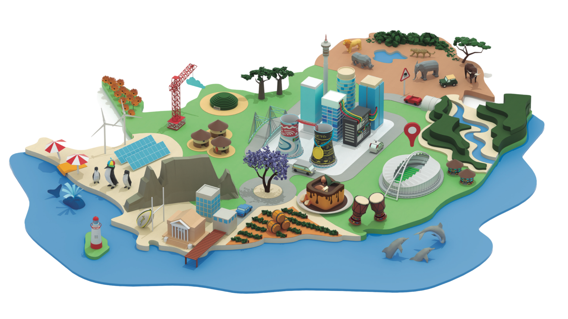 Animated illustration of South Africa’s landmarks and culture, designed for augmented reality print marketing campaign by a leading cloud hyperscaler.