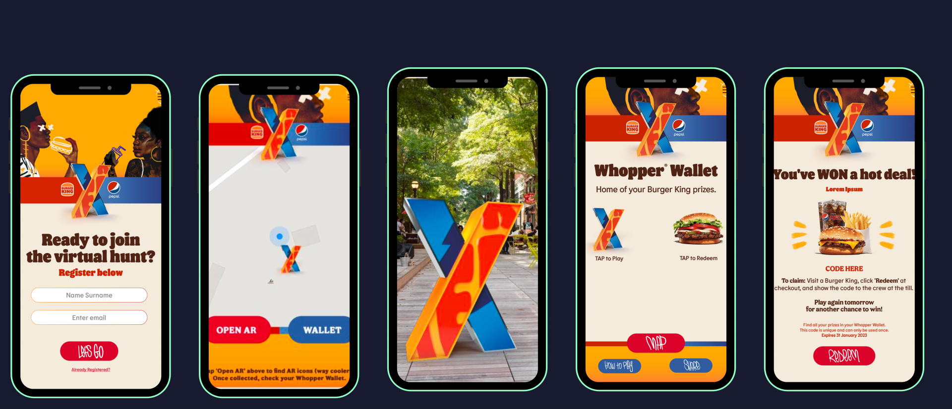 User journey of the Burger King Pepsi rewards campaign showing registration, AR treasure hunt, prize wallet, and instant redemption process.