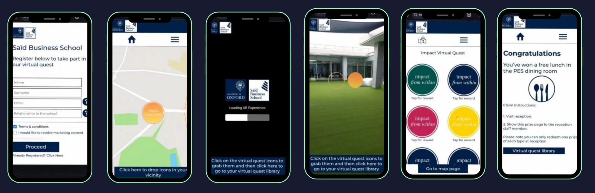 Step-by-step user journey for Saïd Business School Oxford AR Quest, part of an augmented reality for education project, showing registration, geo-map, AR hunt, virtual rewards library, and prize redemption screens.