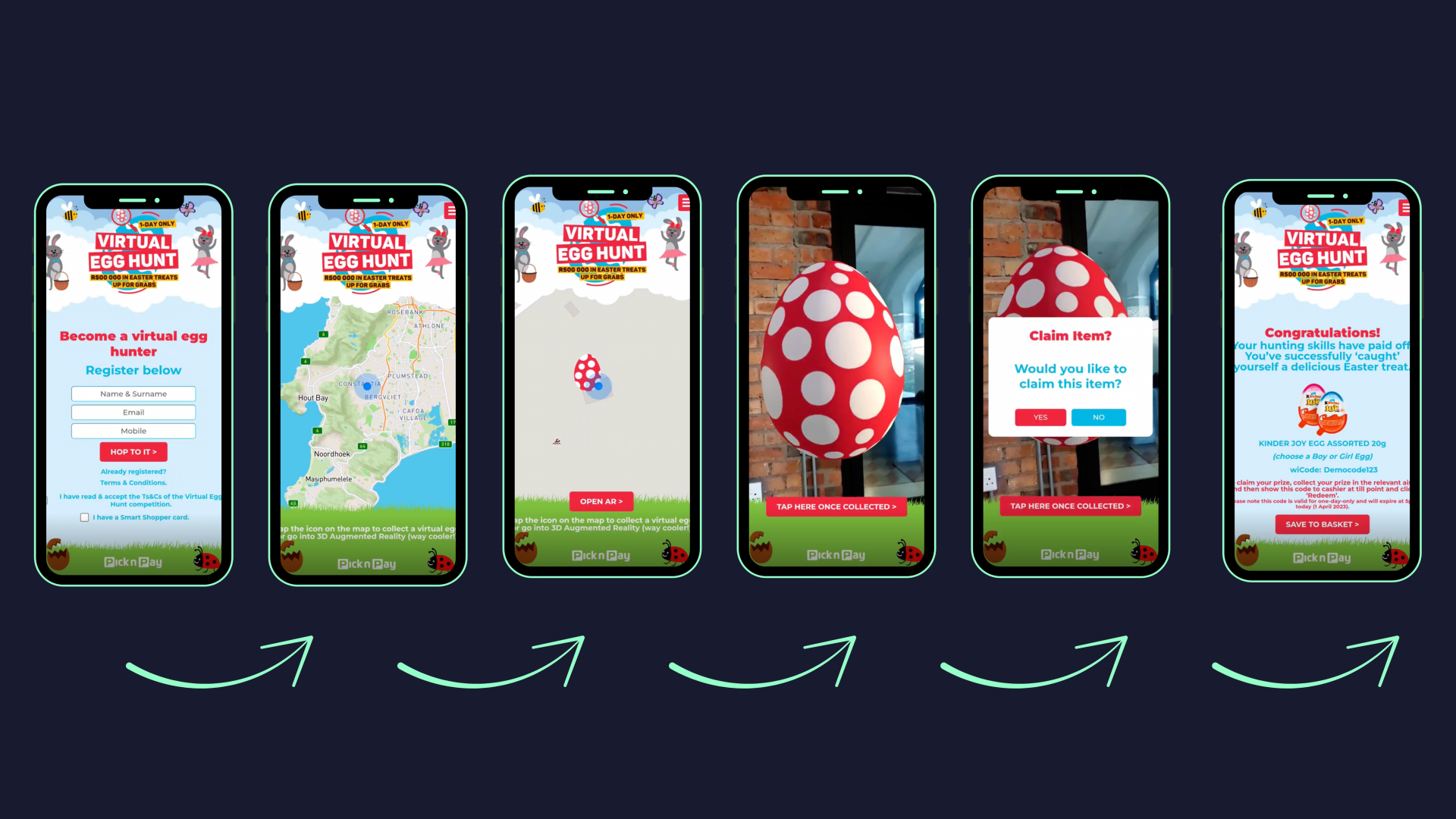 User journey of Pick n Pay’s Virtual Egg Hunt campaign, showing how augmented reality in retail turns shopping into a gamified Easter egg hunt with rewards.
