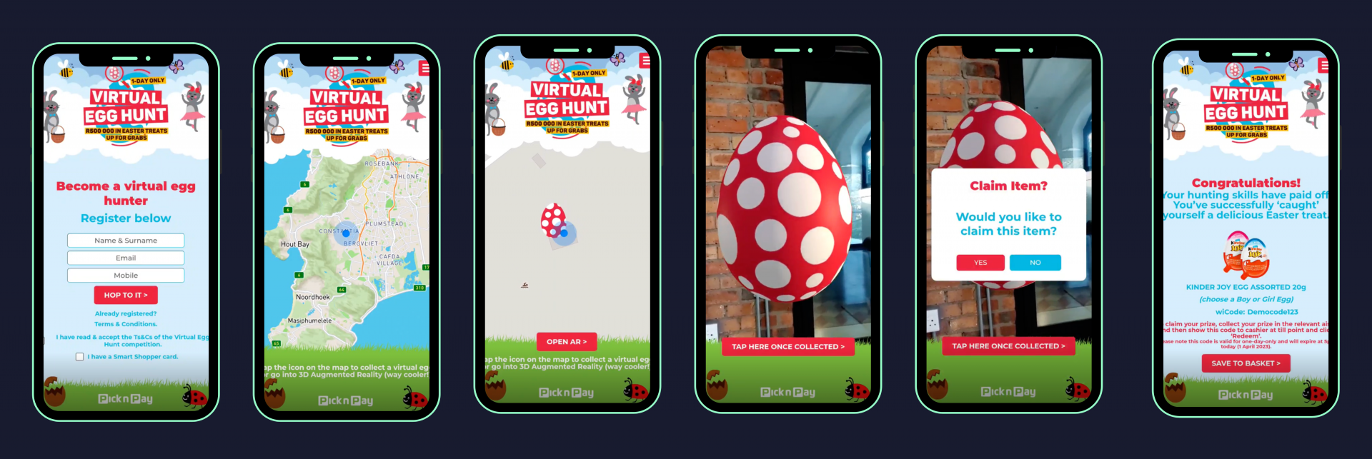 User journey of Pick n Pay’s Virtual Egg Hunt campaign, showing how augmented reality in retail turns shopping into a gamified Easter egg hunt with rewards.