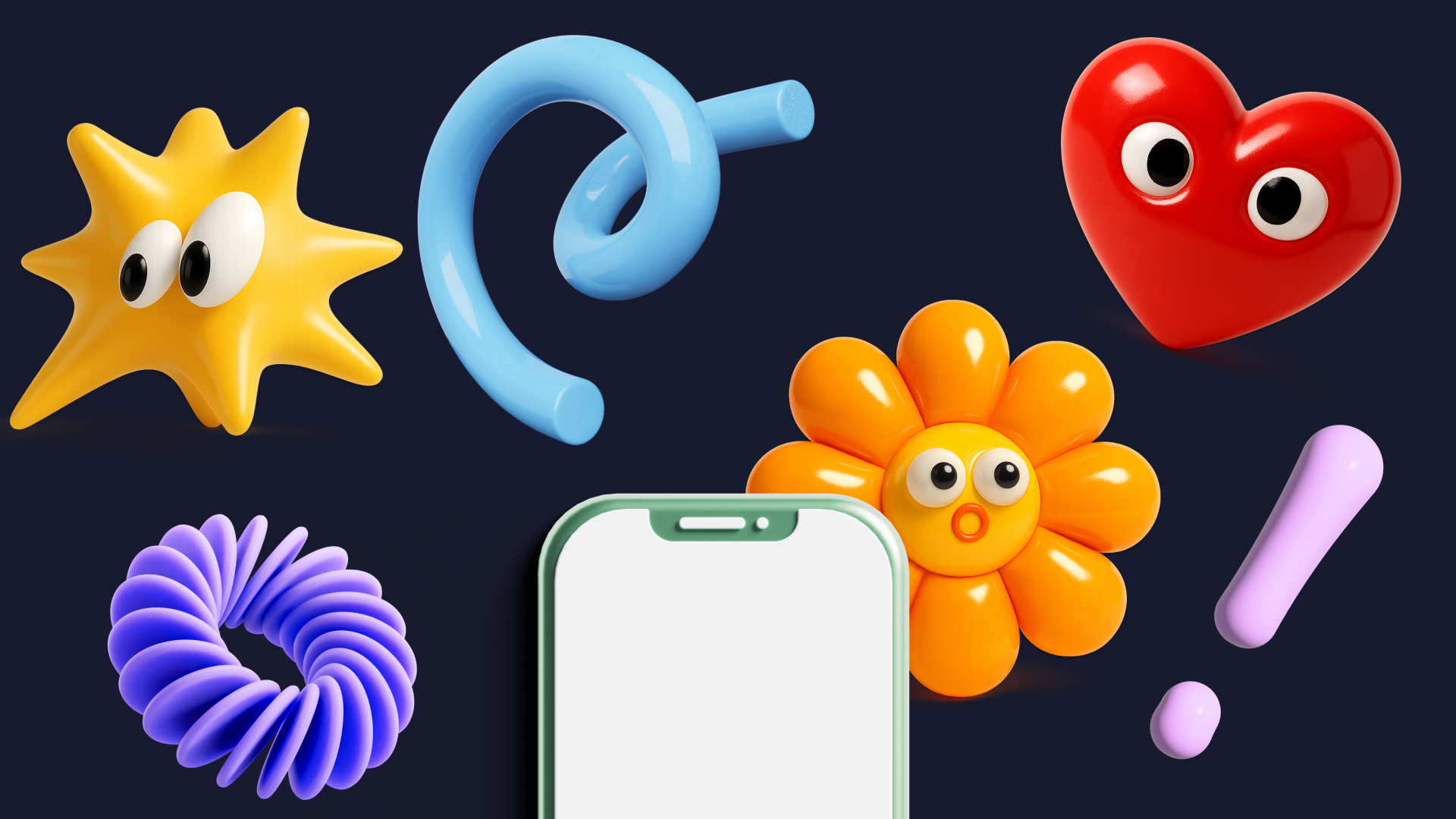 Colorful 3D AR objects with playful faces floating around a smartphone, representing Virtuals.