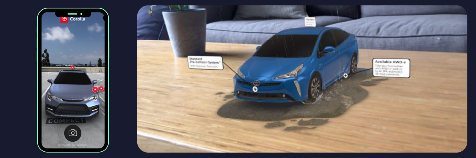 Toyota’s AR showroom experience where users explored a 3D Corolla model, zoomed into details, and interacted with features.