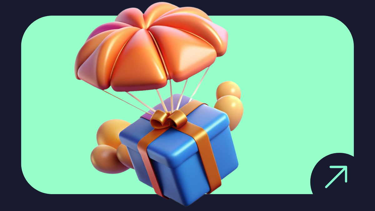 3D floating gift box with a parachute, symbolising digital rewards in a gamified loyalty experience.