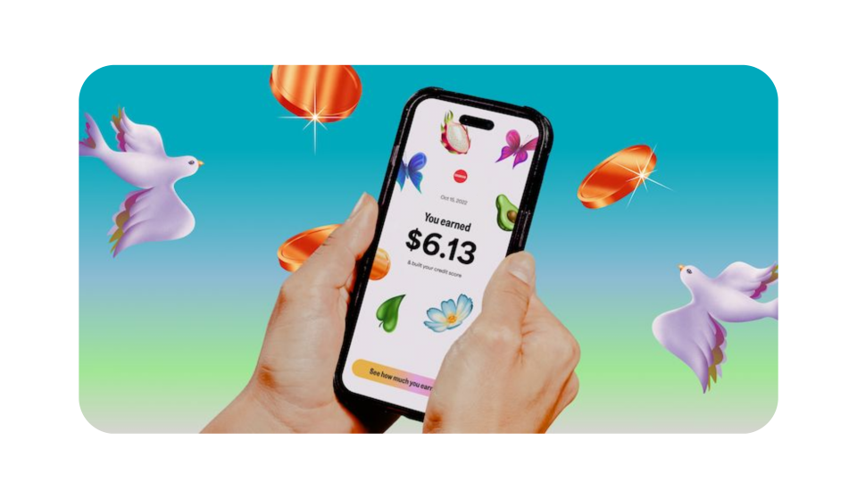 Mobile reward screen showing earned credit with animated icons floating around the device.