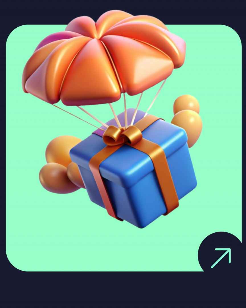 3D floating gift box with a parachute, symbolising digital rewards in a gamified loyalty experience.