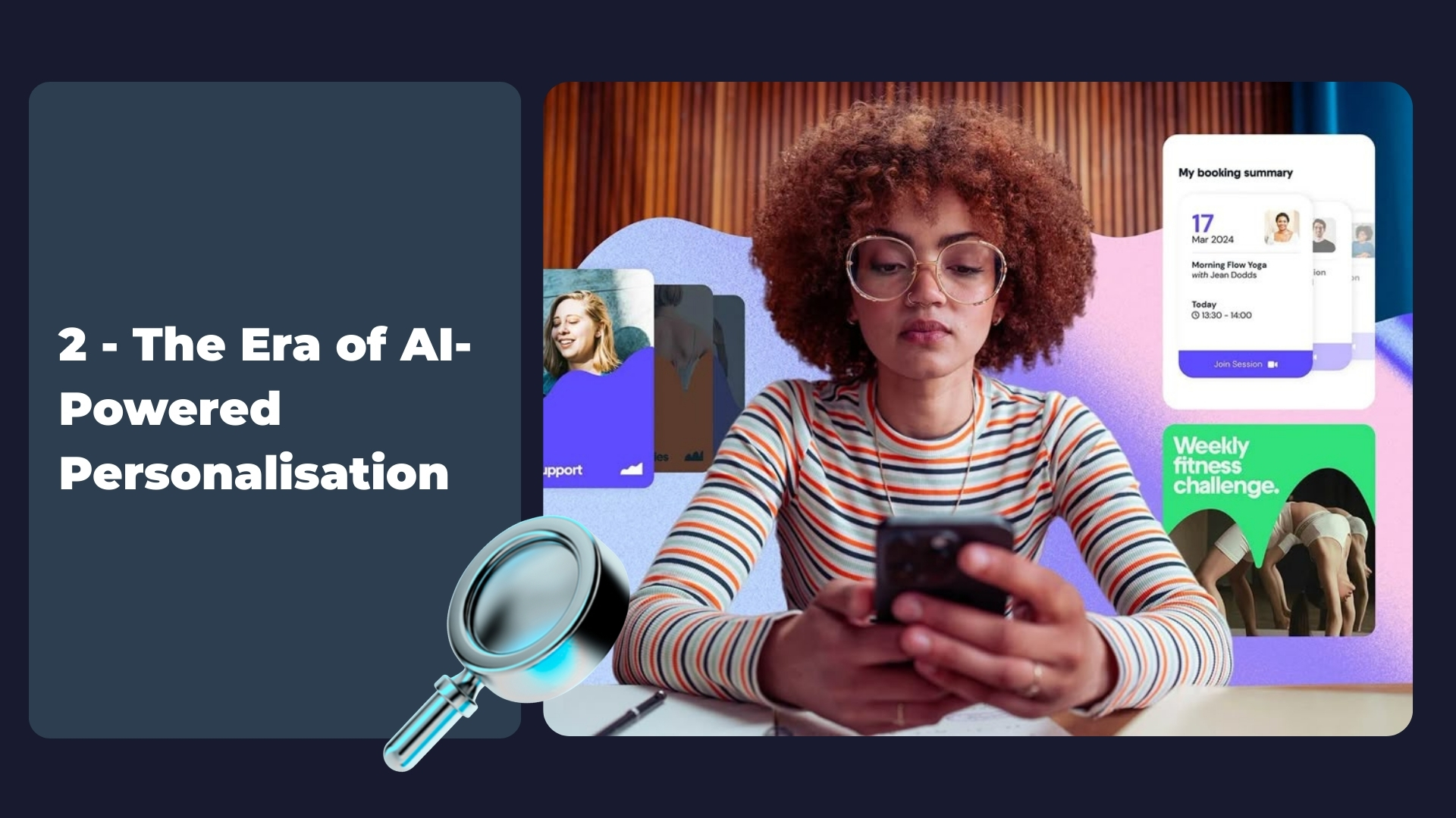 Woman using a smartphone with digital interface elements surrounding her, symbolising AI-powered personalisation and real-time customer interaction.
