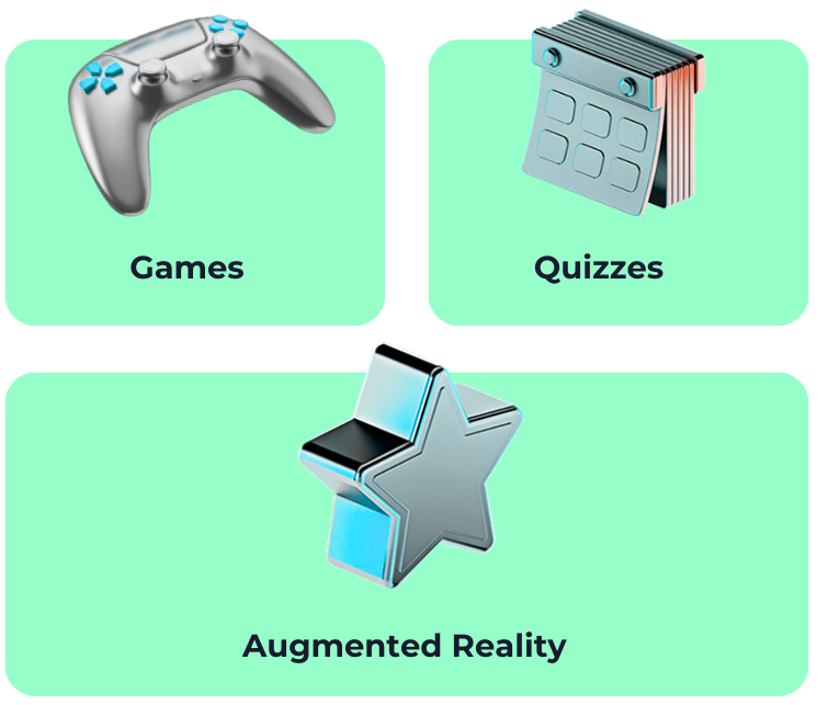 Visual depiction of The Gamification mechanics used by Innereality to transform communication channels. Includes Games, Quizzes and Augmented Reality. All Geolocated to audiences.
