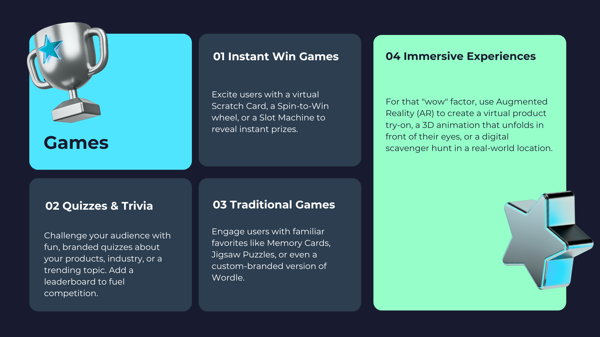 Infographic of conversational gamification options, including instant win games, branded quizzes, traditional games, and immersive AR experiences for customer engagement.